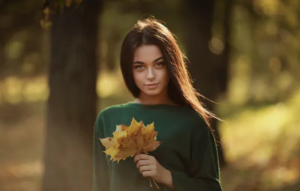 Осень, взгляд, девушка, лицо, портрет, кленовые листья, боке, Арина