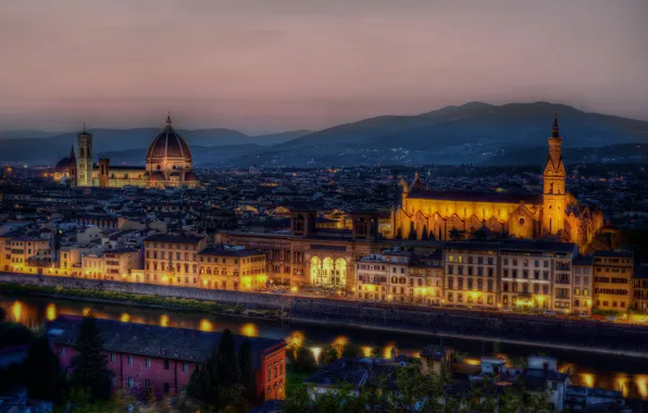 Ночь, огни, Италия, панорама, Флоренция