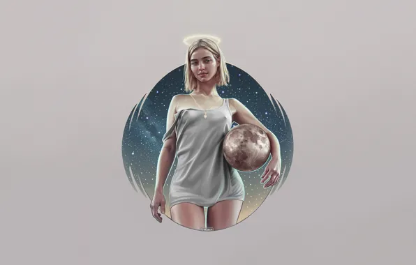 Девушка, Минимализм, Мяч, Планета, Блондинка, Космос, Стиль, Girl