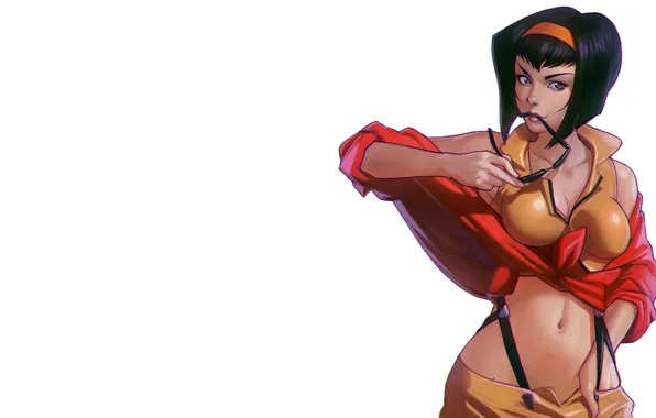 Картинка anime, short hair, belly, sunglasses, Faye Valentine, Cowboy Bebop, simple background, belly button
