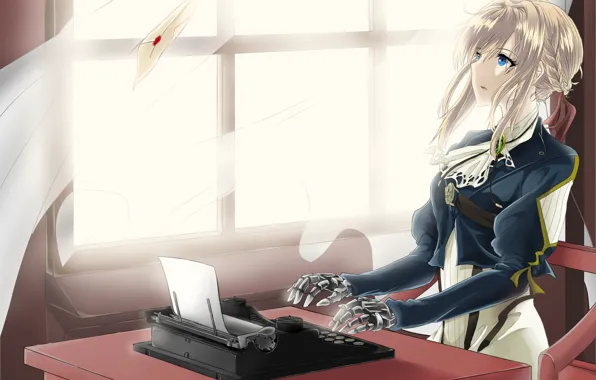 Письмо, девушка, аниме, печатная машинка, Violet Evergarden