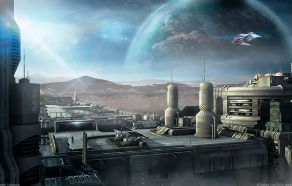 Небо, космос, горы, планета, полёт, луч света, The Desert Station, ATX-7