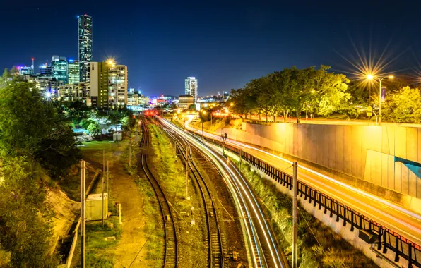 Ночь, небоскребы, выдержка, Австралия, фонари, железная дорога, night, Australia
