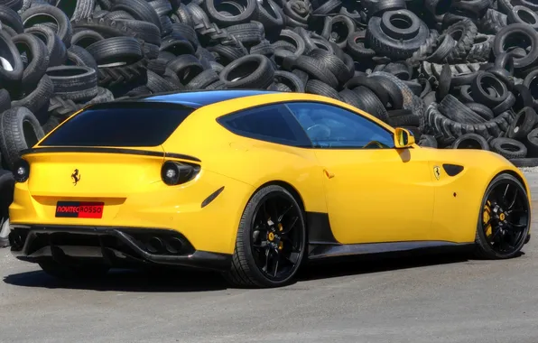Картинка желтый, фон, Феррари, Ferrari, шины, суперкар, вид сзади, колёса