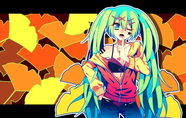 Листья, vocaloid, Hatsune Miku, голубые волосы, подмигивание