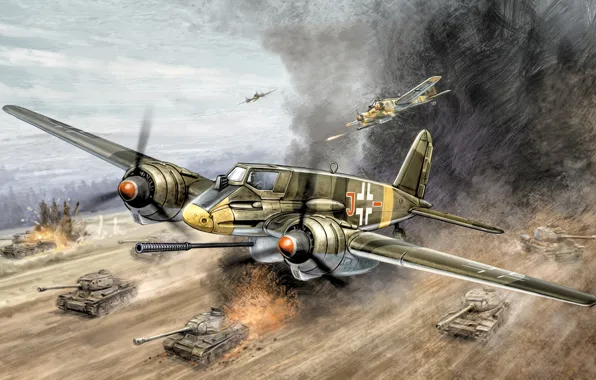 Картинка war, art, painting, aviation, ww2, Henschel Hs 129 B3, &ampquot;Tank Buster&ampquot;, ground-attack aircraft