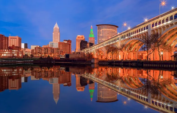 Картинка мост, огни, отражение, дома, США, Кливленд, штат Огайо