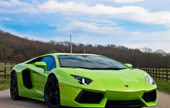 Дорога, авто, небо, green, зелёный, суперкар, LP700-4, Lamborghini Aventador