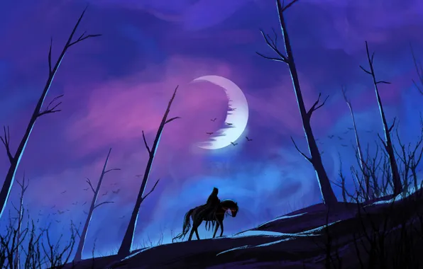 Картинка dark, moon, fantasy, trees, night, red eyes, birds, horse