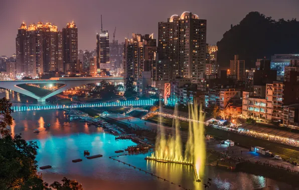 Картинка ночь, мост, огни, река, здания, дома, Тайвань, фонтаны