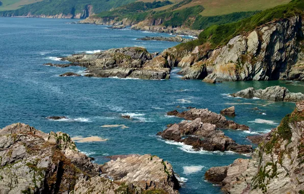 Море, камни, скалы, побережье, Англия, Devon, Mothecombe