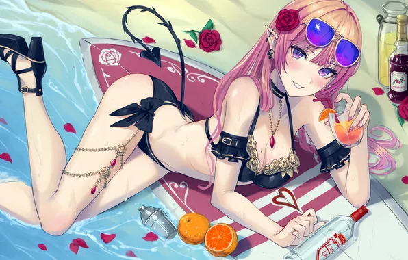 Girl, rose, sexy, cleavage, beach, pink hair, long hair, legs