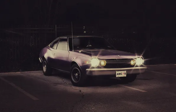 Картинка ночь, классика, muscle car, свет фар, 1974, AMC Hornet