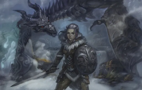 Картинка девушка, снег, дракон, дух, меч, арт, сундук, щит