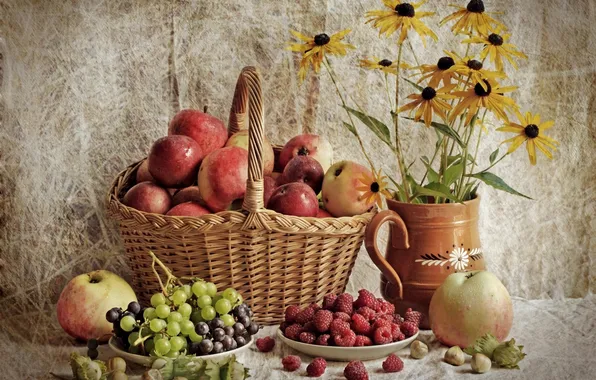 Картинка малина, корзина, яблоки, виноград, натюрморт