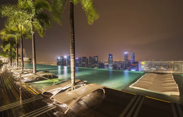 Картинка крыша, ночь, огни, дома, бассейн, Сингапур, отель