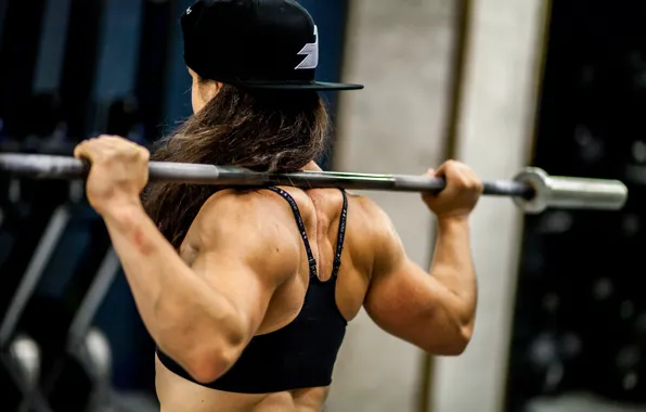 Back, female, weight bar, musculature, Bodybuilder