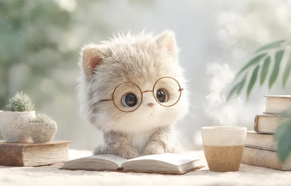 Кошка, взгляд, поза, котенок, стол, книги, малыш, очки