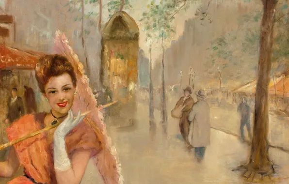 Картинка Пал Фрид, девушка с зонтиком, Парижский бульвар