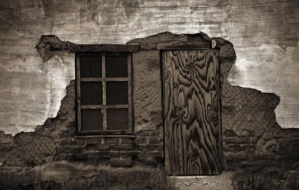 Картинка дверь, окно, разное, старый дом, ветхая стена