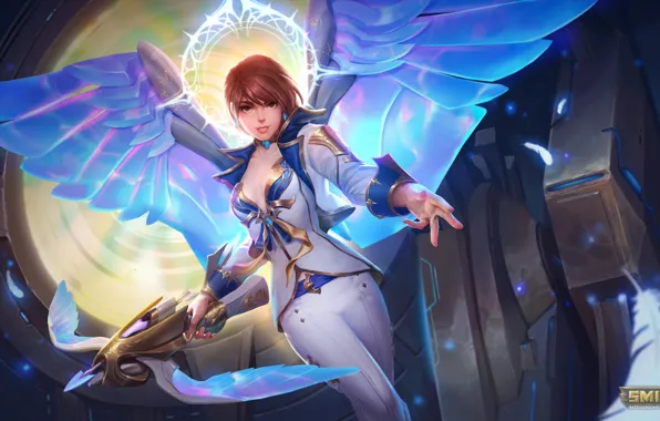 Девушка, крылья, арбалет, Smite, Jing Wei