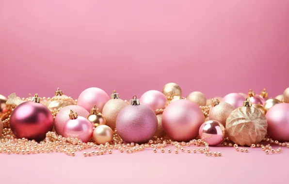 Картинка украшения, фон, розовый, шары, Новый Год, Рождество, golden, new year