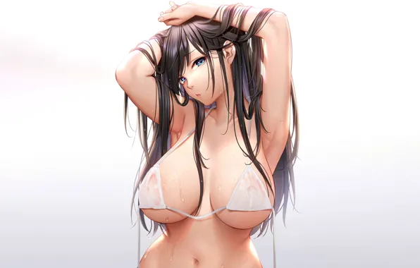 Girl, sexy, wet, cleavage, long hair, brown hair, nipples, boobs