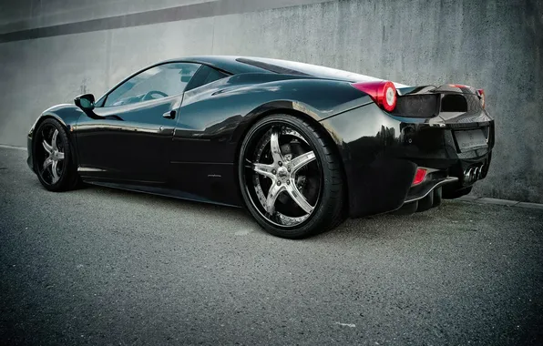 Отражение, стена, чёрный, ferrari, феррари, black, вид сзади, 458 italia