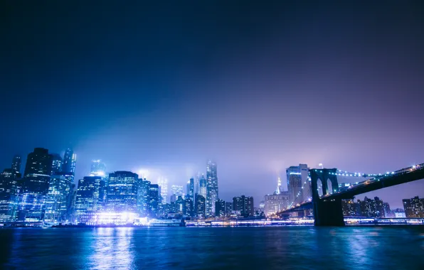Картинка мост, город, огни, New York City, Brooklyn Bridge Park