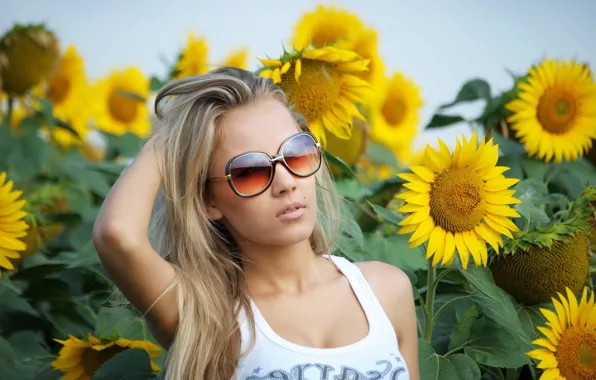 Грудь, взгляд, девушка, подсолнухи, секси, поза, модель, ситуация