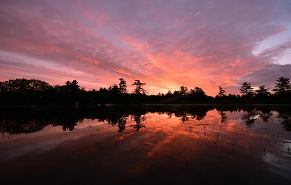 Картинка отражение, деревья, вечер, озеро, Онтарио, оранжевое, небо, Канада