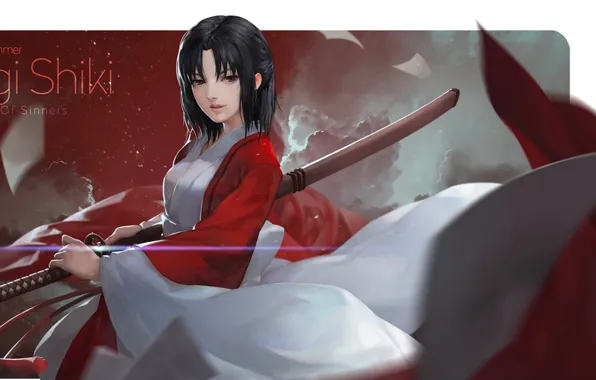 Картинка девушка, меч, катана, листы, Kara no Kyoukai, сад грешников, Ryougi Shiki