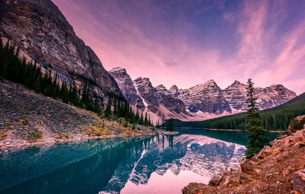 Картинка деревья, горы, озеро, камни, скалы, Banff National Park, Alberta, Canada