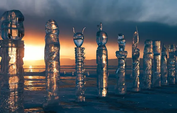 Байкал, ice, Russia, sunset, lake, Ольхон, Baikal, frozen lake