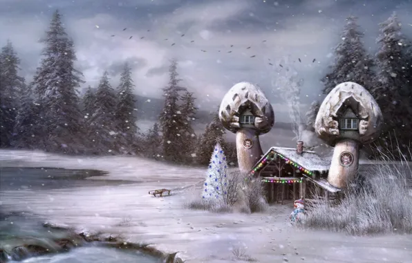 Картинка сказка, домик, снеговик, ёлка