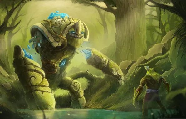 Картинка лес, вода, арт, Dota 2, крип, Tiny, Stone Giant, kunimator