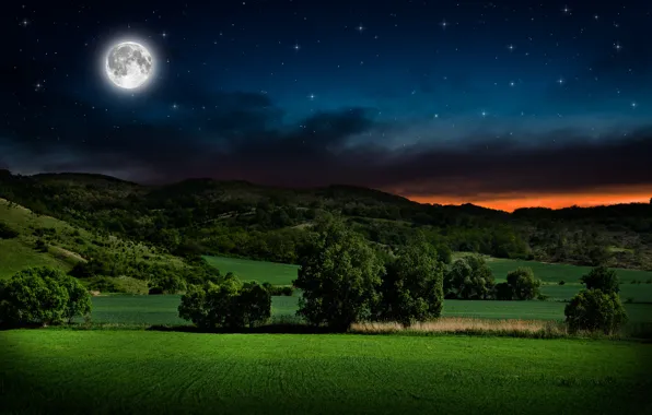 Картинка звезды, деревья, пейзаж, ночь, холмы, безмятежность, луна, зарево