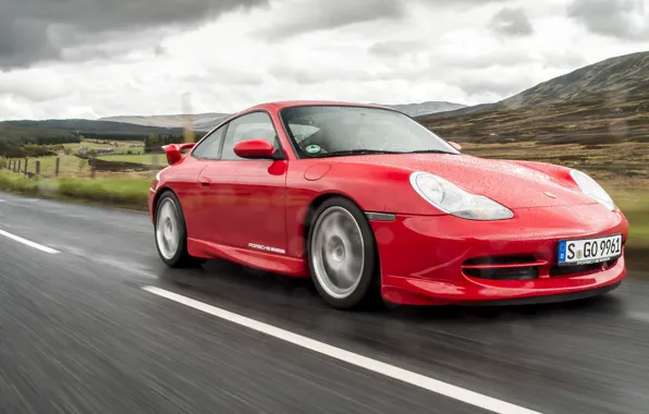 Красный, Дождь, Влага, Спорткар, Porsche 996 GT3, Немецкий Автомобиль