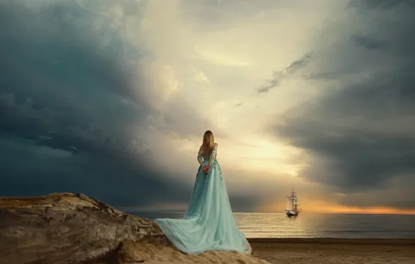 Картинка море, небо, девушка, закат, настроение, парусник, платье, Ренат Хисматулин
