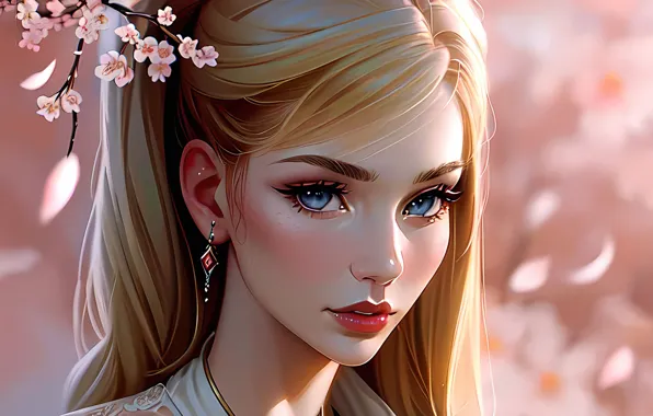 Картинка цветы, серьги, блондинка, голубые глаза, голубоглазая красотка, AI art, ИИ искусство, стабильная диффузия