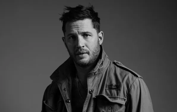 Фото, фон, портрет, куртка, актер, черно-белое, Том Харди, Tom Hardy