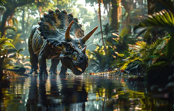 Вода, Деревья, Динозавр, Рога, Triceratops, Животное, Цифровое искусство, Трицератопс