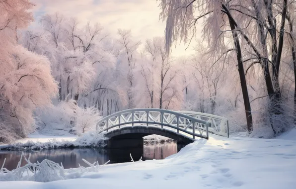 Зима, снег, мост, парк, landscape, bridge, park, winter