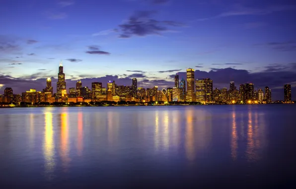 Вода, озеро, здания, Чикаго, Иллинойс, ночной город, Chicago, Illinois