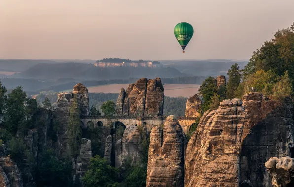 Мост, воздушный шар, скалы, Германия, Саксония