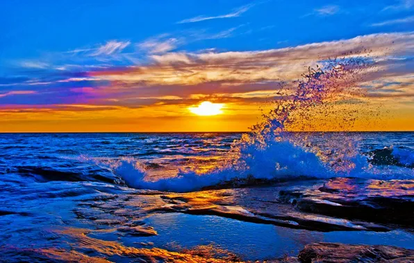 Картинка sky, sea, sunset, splash, horizon, shiny, noon