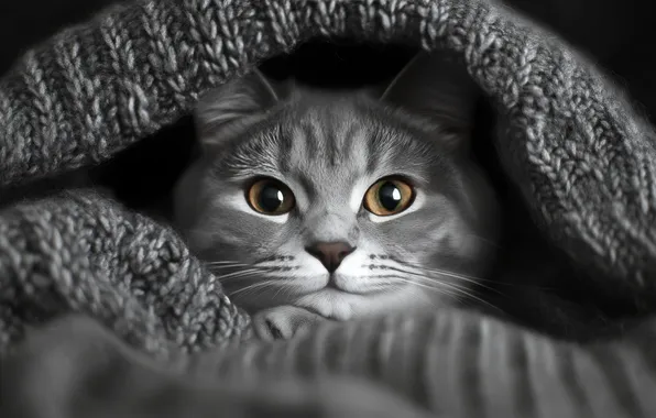 Кошка, кот, взгляд, поза, серый, плед, мордашка, желтые глаза
