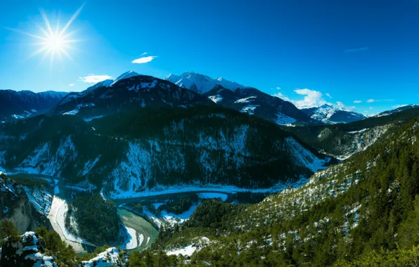 Швейцария, Альпы, снег, горы, каньон, склоны, солнце, Ruinaulta