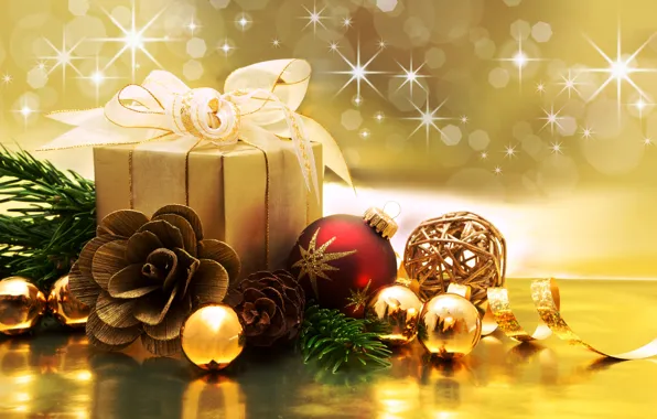 Картинка украшения, подарок, шары, Новый Год, Рождество, Christmas, bokeh, decoration