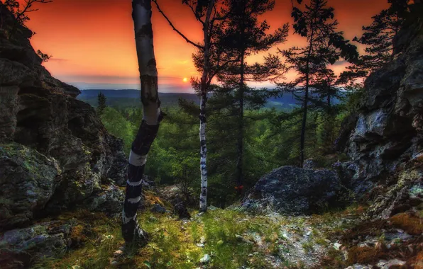 Картинка солнце, деревья, закат, природа, Павел Сагайдак, Синие скалы, Урал-тау